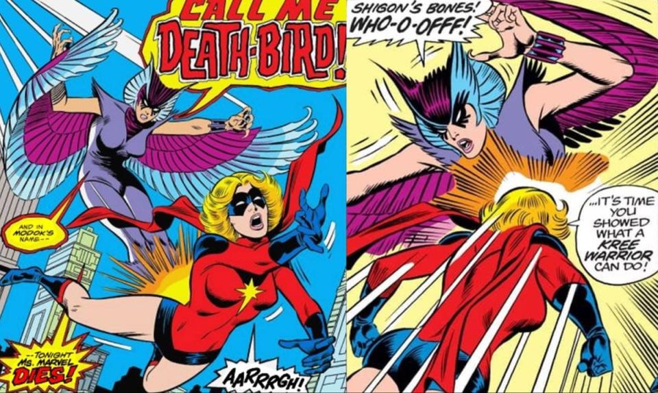 Deathbird's first appearance from 1977, fighting Carol Danvers (Ms. Marvel). 