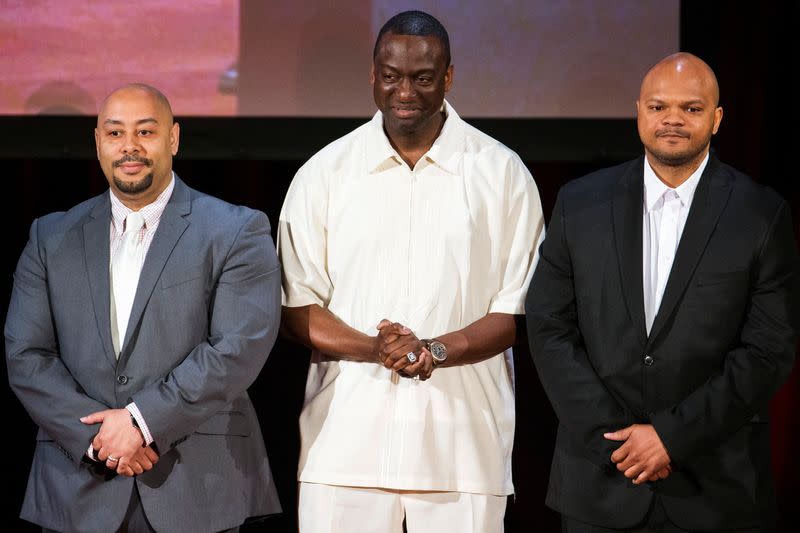 FILE PHOTO: Three of the five men documented by the film "The Central Park Five" (L-R) Raymond Santana, Yusef Salaam, and Kevin Richardson stand on stage after the program won a Peabody Award in New York