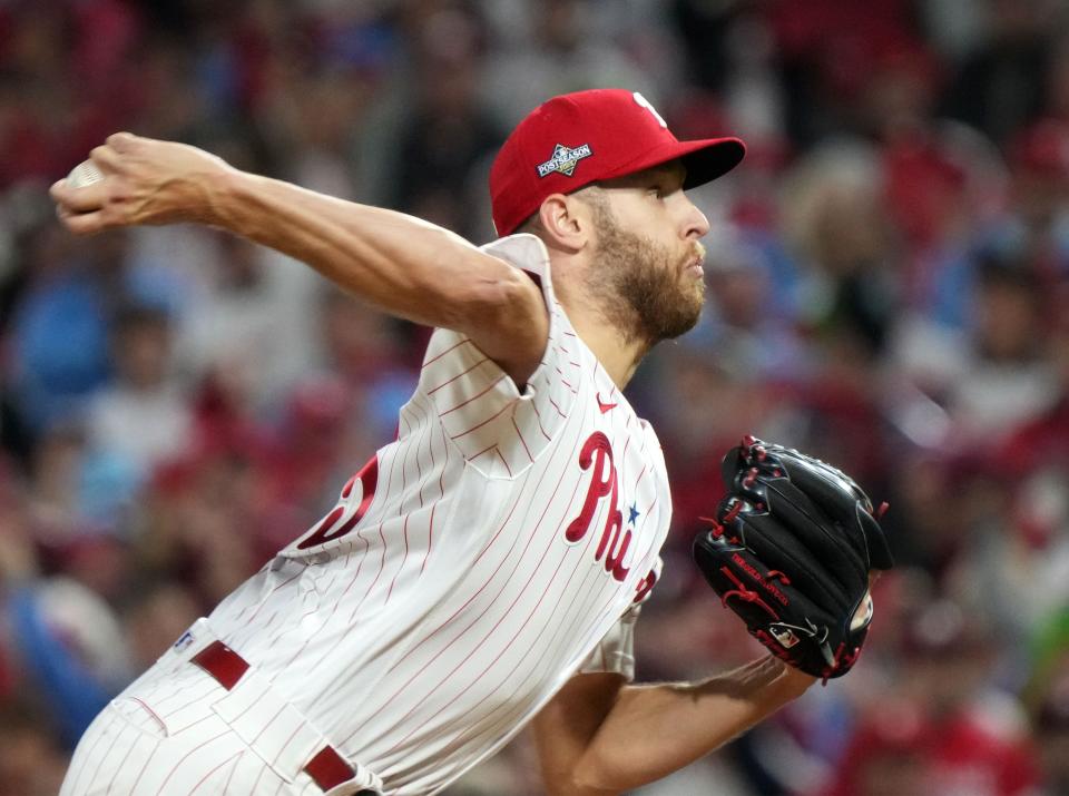 Philadelphia Phillies starting pitcher Zack Wheeler (45) throws to the Arizona Diamondbacks in the first inning during Game 1 of the NLCS at Citizens Bank Park in Philadelphia on Oct. 16, 2023.
