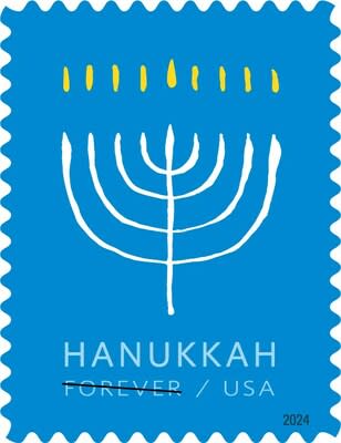 Hanukkah: En 2024 se emitirá una nueva estampilla que celebra la alegre fiesta judía de Hanukkah. El arte es una representación gráfica de una menorá, el candelabro de nueve brazos que solo se utiliza en Hanukkah, con todas las velas encendidas, lo que significa la última noche de la fiesta.