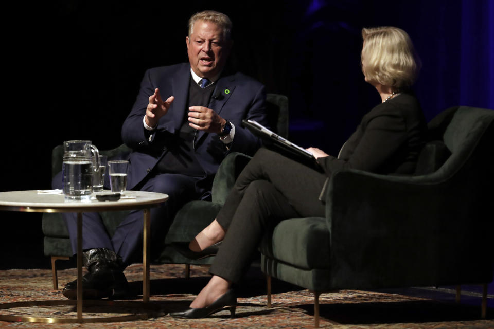 Former Vice President Al Gore speaks with Susan Wente, Vanderbilt University interim provost and chancellor, Wednesday, Nov. 20, 2019, in Nashville, Tenn. Earlier Gore spoke on climate change as part of a worldwide event called 24 Hours of Reality: Truth in Action. (AP Photo/Mark Humphrey)