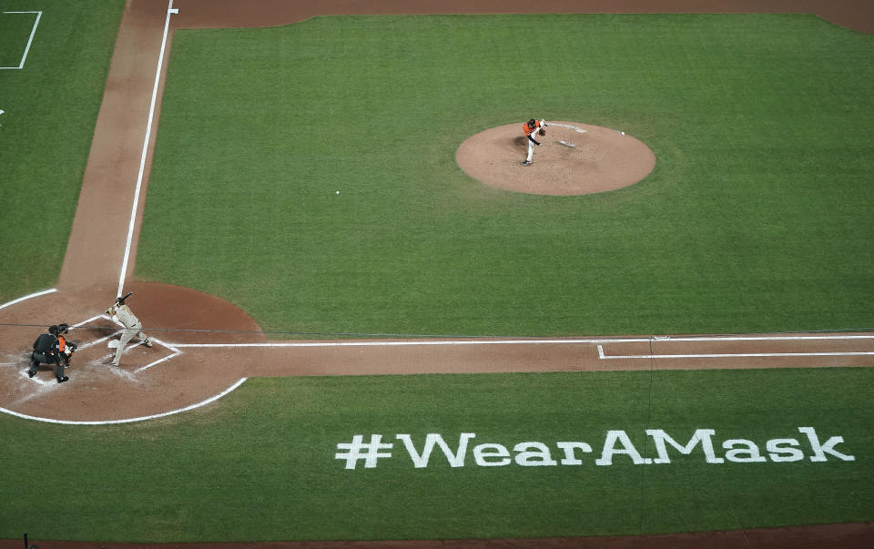 San Francisco Giants pitcher Jeff Samardzija throws to a San Diego Padres batter during the second inning of the second game of a baseball doubleheader Friday, Sept. 25, 2020, in San Francisco. (AP Photo/Tony Avelar)