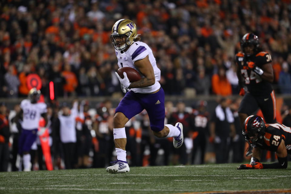 Washington TE Hunter Bryant has terrific receiving potential, but his medical concerns must be answered. (Photo by Abbie Parr/Getty Images)