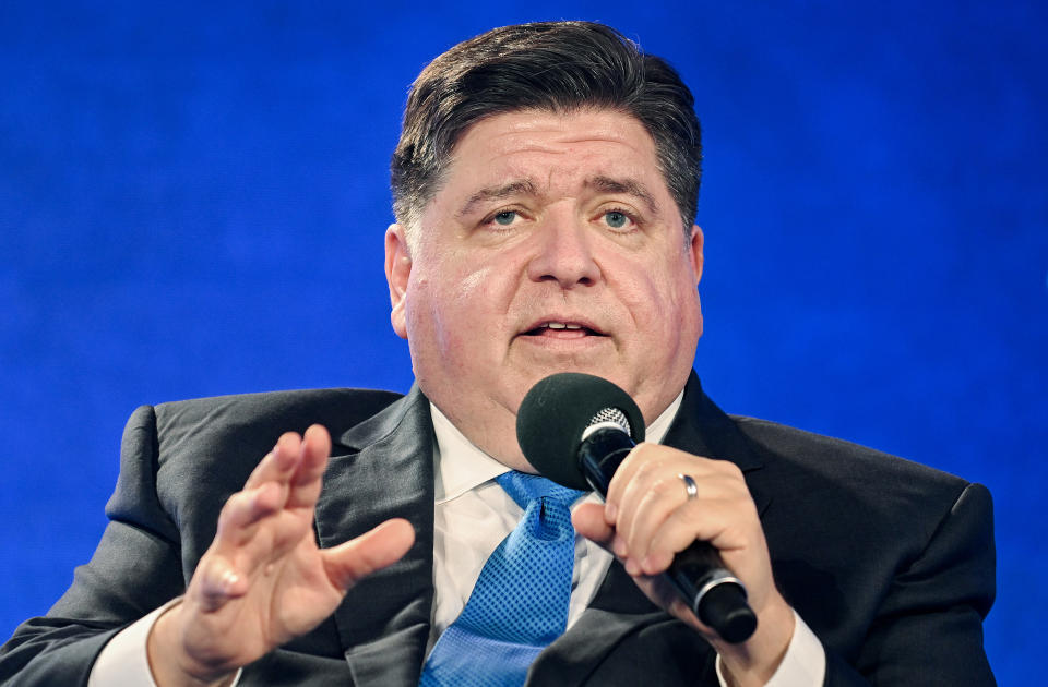 Illinois Gov. J.B. Pritzker speaks at an economic forum in Montreal last month.