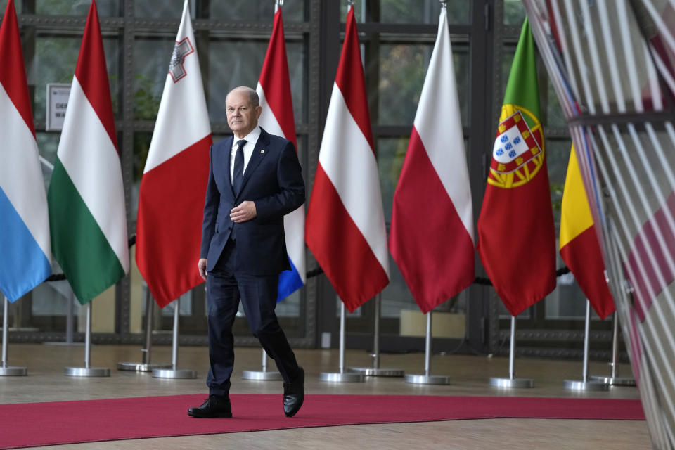 Germany's Chancellor Olaf Scholz arrives for an EU summit at the European Council building in Brussels, Thursday, Oct. 26, 2023. European Union leaders gather Thursday for a two day meeting to discuss, among other issues, Ukraine and the impact of the war between Israel and Hamas. (AP Photo/Virginia Mayo)