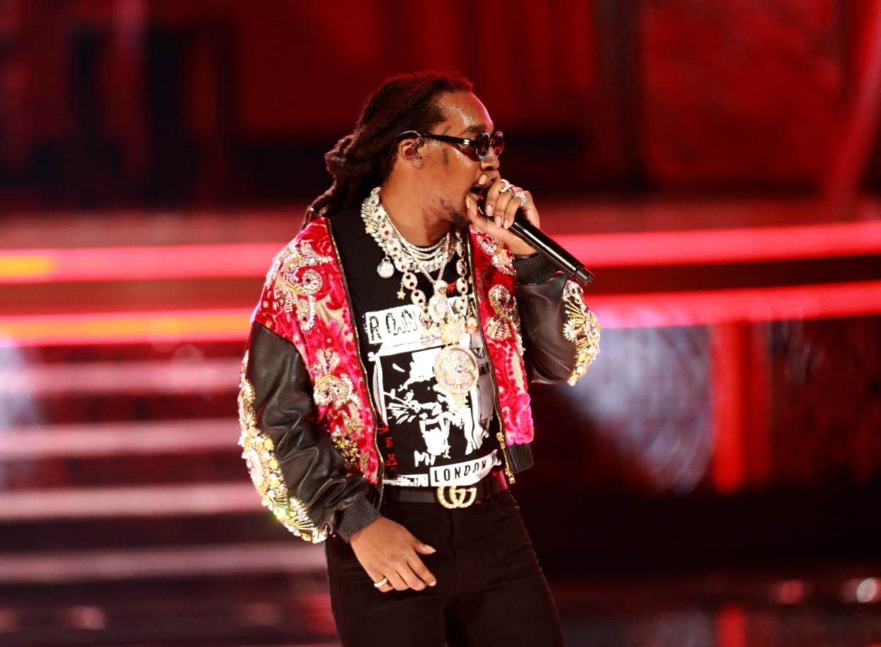 Le rappeur américain Takeoff, membre du groupe Migos, lors des BET Awards le 24 juin 2018 à Los Angeles. - Leon Bennett - AFP