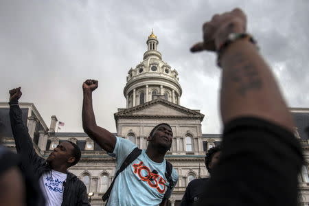 Residents, who marched from west Baltimore to City Hall, shout "Black Lives Matter" while protesting the death of Freddie Gray, in Baltimore, Maryland April 30, 2015. REUTERS/Adrees Latif