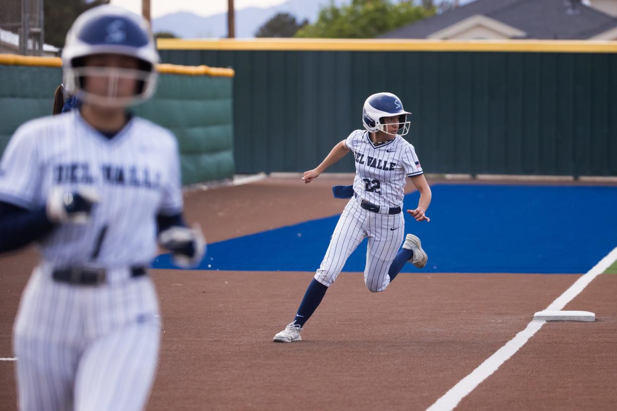 Del Valle’s Milli Torrez (22) runs to home plate at a softball game against Bel Air High School on Friday, April 5, 2024, at Del Valle High School, in El Paso, TX.