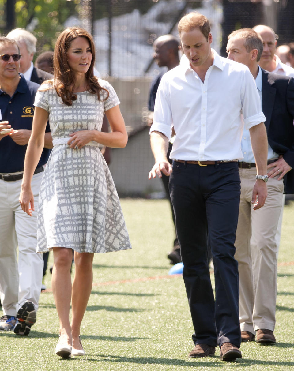 This dress is vintage perfection on Kate. Everything from the pattern to the cut to accessorizing it with a white waist belt is just perfect. Also, did we mention it’s only $60? Learn more about the dress <a href="http://shine.yahoo.com/fashion/kate-middleton-wears-60-dress-too-bad-already-203700615.html;_ylt=A2KJjb1z.yBQRRkAqxkhmolQ" data-ylk="slk:here.;elm:context_link;itc:0;sec:content-canvas;outcm:mb_qualified_link;_E:mb_qualified_link;ct:story;" class="link  yahoo-link">here.</a>