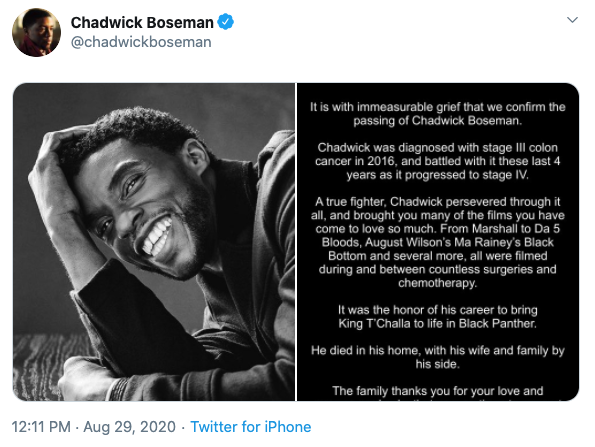 The late actor's family released a statement via his Twitter account. Photo: Twitter/ChadwickBoseman.