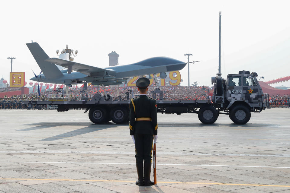 A military vehicle carrying an unmanned aerial vehicle (UVA) travels past Tiananmen Square during the military parade marking the 70th founding anniversary of People's Republic of China, on its National Day in Beijing, China October 1, 2019. (Photo: Thomas Peter/Reuters)