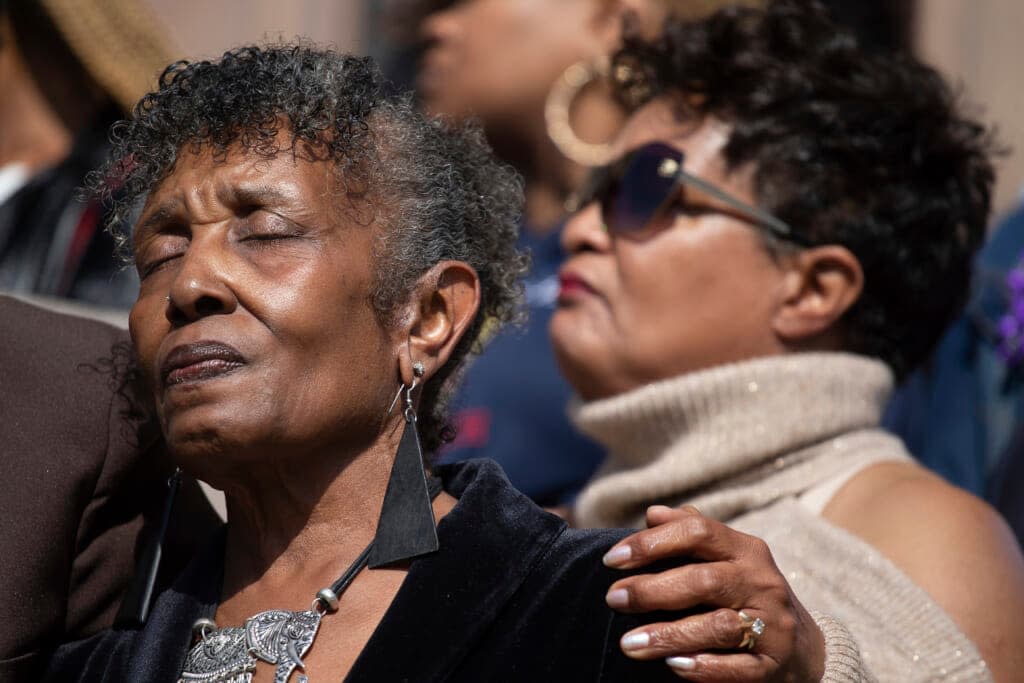 Robin Harris, the daughter of Ruth Whitfield, stands during a press conference outside the Antioch Baptist Church on Thursday, May 19, 2022, in Buffalo, N.Y. (AP Photo/Joshua Bessex)