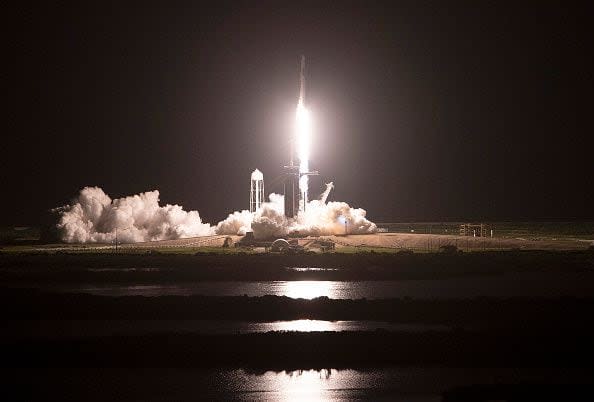 CAPE CANAVERAL, FLORIDA - SEPTEMBER 15: The SpaceX Falcon 9 rocket with Crew Dragon capsule lifts off from launch Pad 39A at NASA’s Kennedy Space Center for the first completely private mission to fly into orbit on September 15, 2021 in Cape Canaveral, Florida. SpaceX is flying four private citizens into space on a three-day mission. (Photo by Joe Raedle/Getty Images)