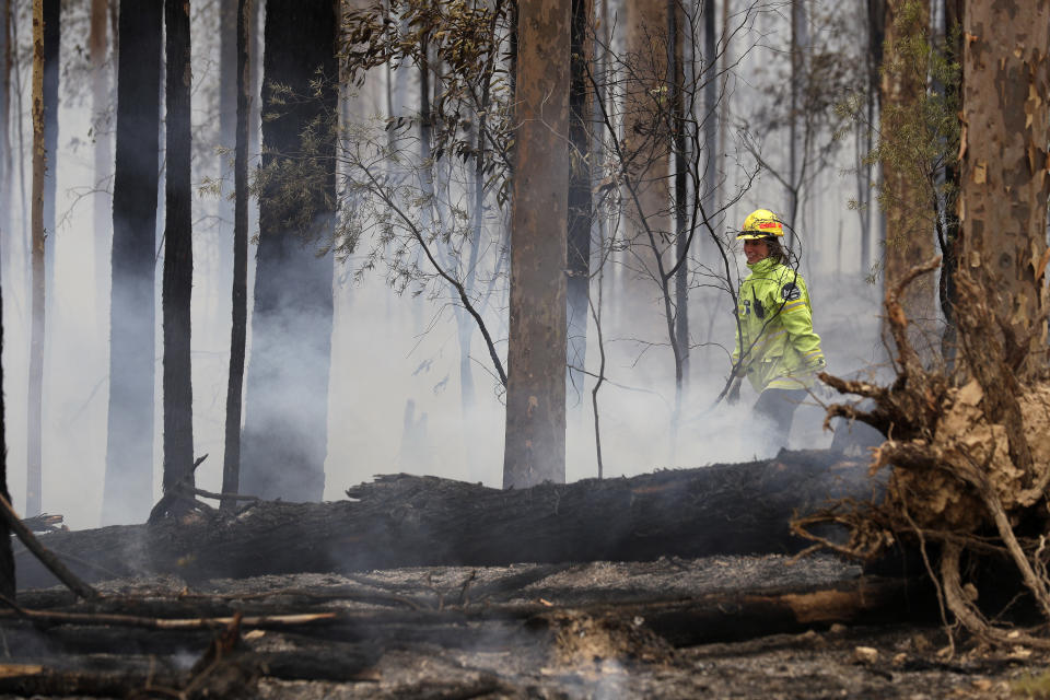 Forestry Corporation worker Holly James keeps an eye on a controlled fire set to help build a containment line at a wildfire near Bodalla, Australia, Sunday, Jan. 12, 2020. Authorities are using relatively benign conditions forecast in southeast Australia for a week or more to consolidate containment lines around scores of fires that are likely to burn for weeks without heavy rainfall. (AP Photo/Rick Rycroft)