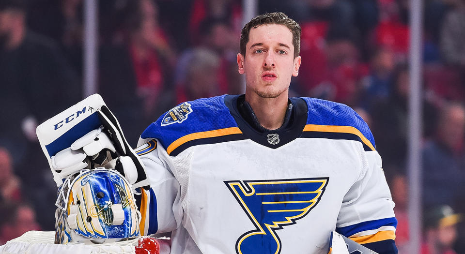 MONTREAL, QC - OCTOBER 12: Look on St. Louis Blues goalie Jordan Binnington (50) during the St. Louis Blues versus the Montreal Canadiens game on October 12, 2019, at Bell Centre in Montreal, QC (Photo by David Kirouac/Icon Sportswire via Getty Images)