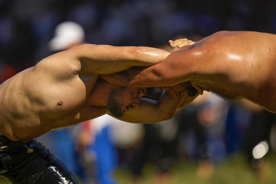 Wrestlers compete during the 661st annual Historic Kirkpinar Oil Wrestling championship, in Edirne, northwestern Turkey, Saturday, July 2, 2022. The festival is part of UNESCO's List of Intangible Cultural Heritages. (AP Photo/Francisco Seco)