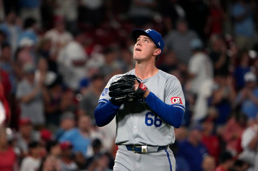 Kansas City Royals relief pitcher James McArthur celebrates an 8-5 victory over the St. Louis Cardinals in the second game of a baseball doubleheader Wednesday, July 10, 2024, in St. Louis. (AP Photo/Jeff Roberson)