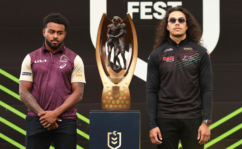 Ezra Mam and Jarome Luai, pictured here with the NRL premiership trophy.
