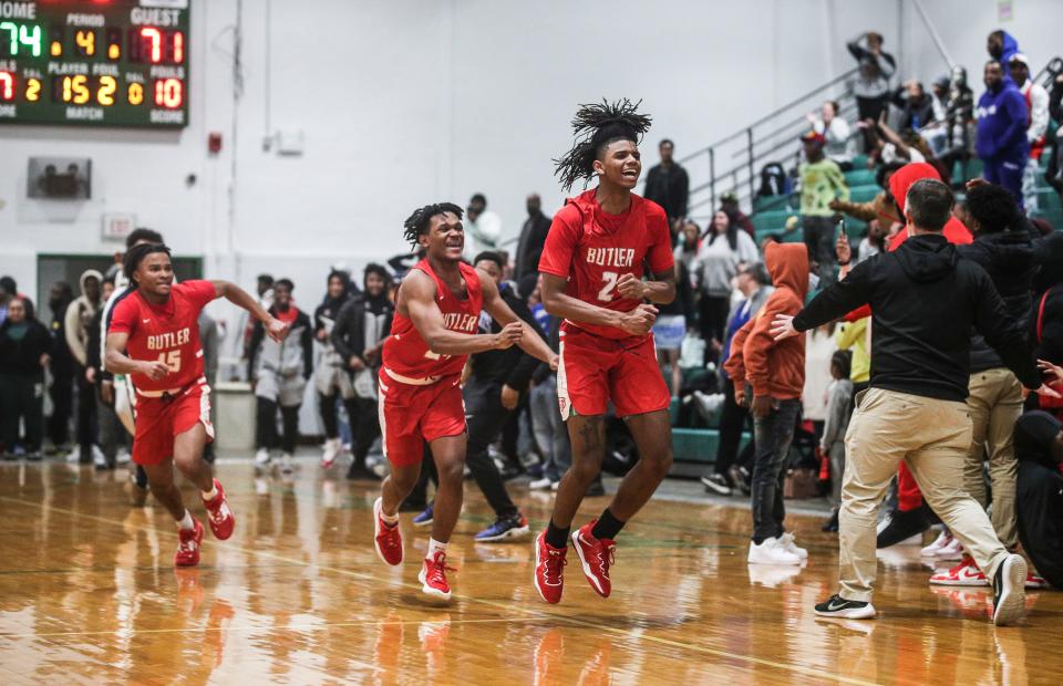 Butler's Dayton Williams (2) reacts after hitting a three-point shot to send the game into double overtime against Western Friday. Western would edge Butler 84-76. Feb 3, 2023
