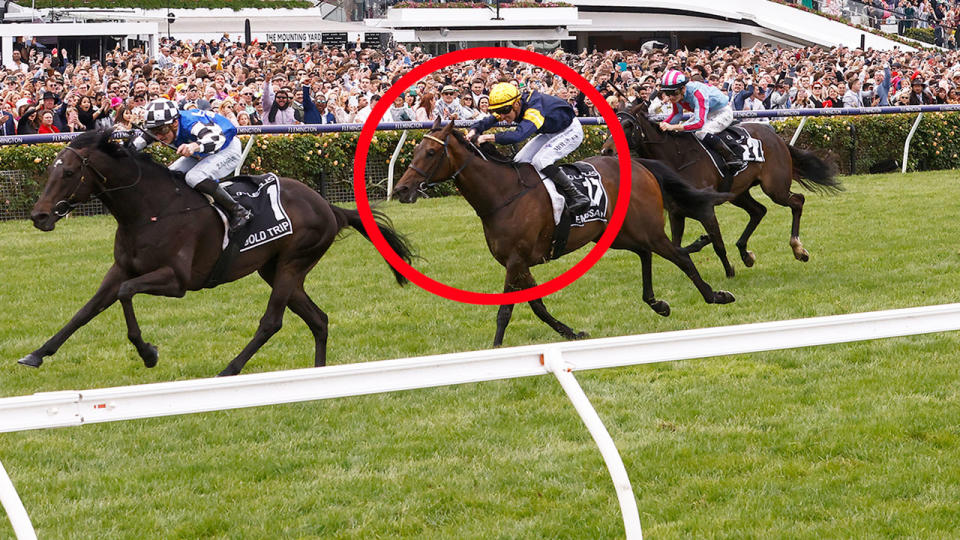 Seen here, Patrick Moloney riding on Melbourne Cup runner-up, Emissary. 