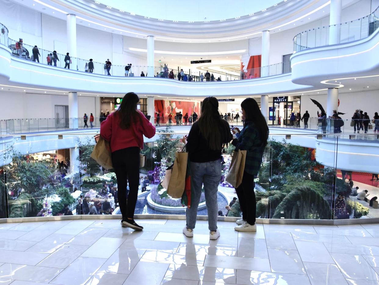 Young women holding shopping bags stand in upper level of mall during holiday season