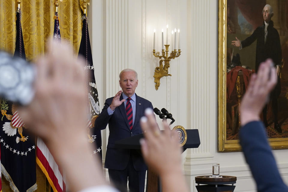 President Joe Biden gestures for a question from a reporter as he speaks about the coronavirus pandemic in the East Room of the White House in Washington, Tuesday, Aug. 3, 2021. (AP Photo/Susan Walsh)