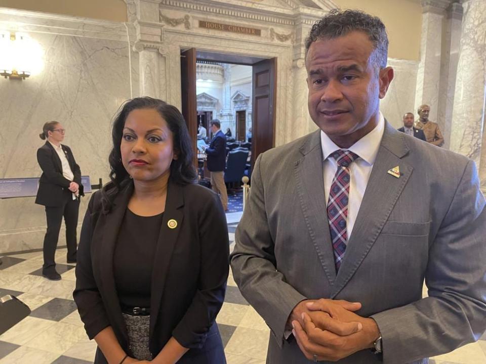 Del. C.T. Wilson, who chairs the Maryland House Economic Matters Committee, and Del. Vanessa Atterbeary, who chairs the House Ways and Means Committee, talk about legislation to create a regulatory framework for recreational marijuana in the state in Annapolis, Md., on Friday, Feb. 3, 2023. (AP Photo/Brian Witte)