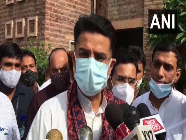 Congress leader Sachin Pilot speaking to reporters in Jodhpur on Tuesday. [Photo/ANI]