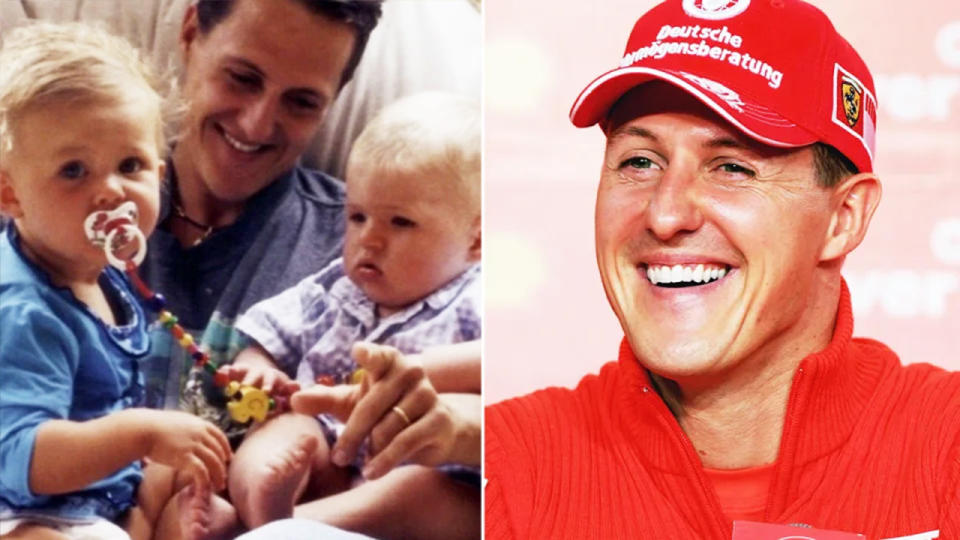 F1 icon Michael Schumacher (pictured right) and Schumacher (pictured left middle) with daughter Gina-Maria (pictured far left) and Max Verstappen (pictured right).