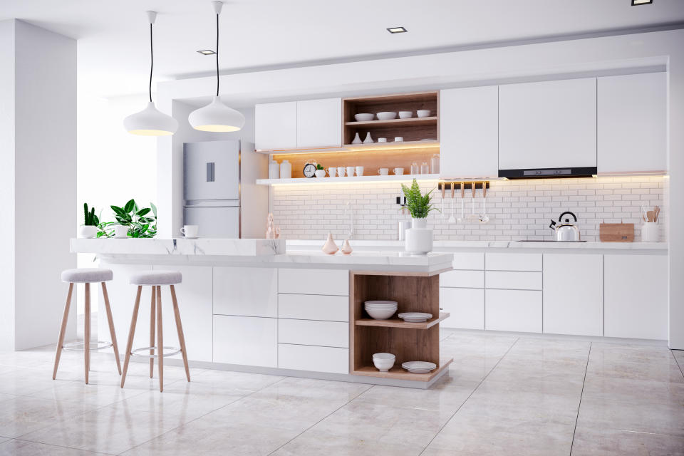 Modern Contemporary white kitchen to wipe floors with vinegar and dish soap