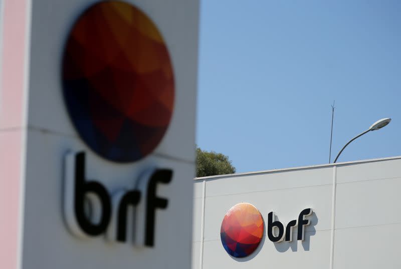 FILE PHOTO: Logos of Brazilian meatpacker BRF SA are seen in the headquarters in Curitiba