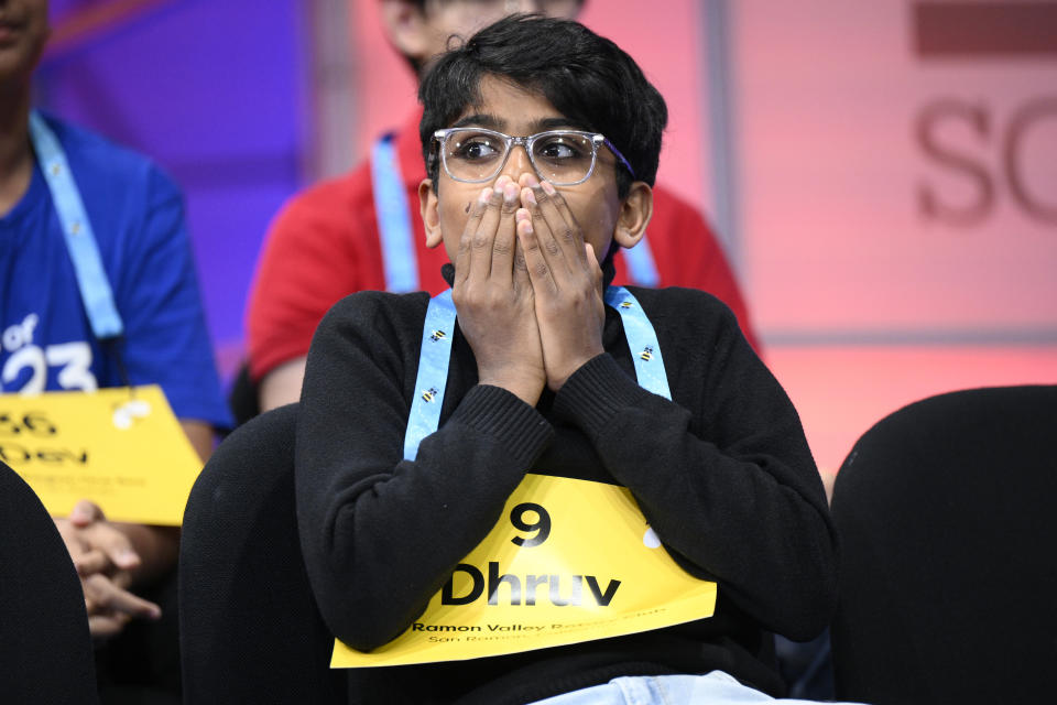 Dhruv Subramanian, 12, from San Ramon, Calif., reacts after his turn during the Scripps National Spelling Bee, Wednesday, May 31, 2023, in Oxon Hill, Md. (AP Photo/Nick Wass)