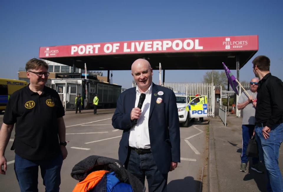 RMT Union General Secretary Mick Lynch attended a rally at the Port of Liverpool (Pete Byrne/PA) (PA Wire)