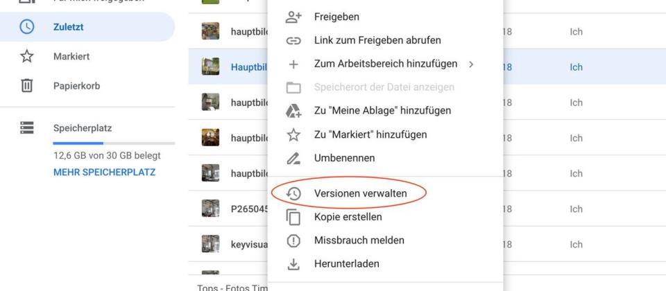 Wussten Sie, dass Google Drive für 30 Tage bis zu 100 Versionen Ihrer Dokumente speichert? Egal ob PDF, Bild oder MP3 - haben Sie einen Fehler gemacht oder wollen nachschauen, was Sie geändert hatten, können Sie 30 Tage lang auf eine ältere Version Ihres Dokumentes zurückgreifen. Mit einem Rechts-Klick auf das Dokument können Sie "Versionen verwalten".