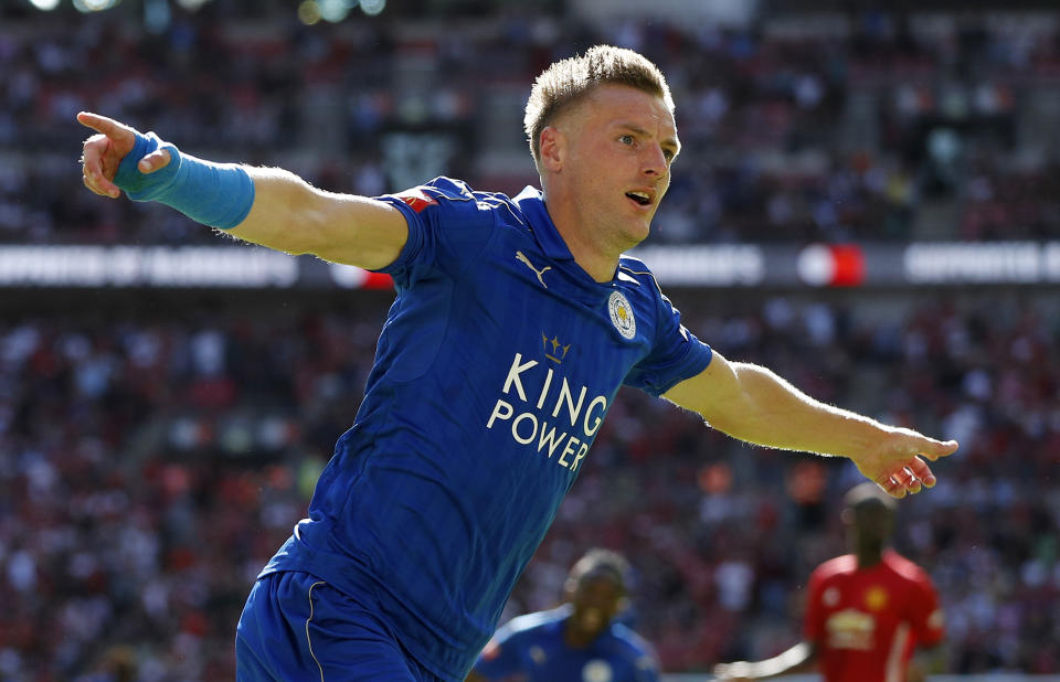 Football Soccer Britain - Leicester City v Manchester United - FA Community Shield - Wembley Stadium - 7/8/16 Leicester City's Jamie Vardy celebrates scoring their first goal Action Images via Reuters / John Sibley Livepic EDITORIAL USE ONLY. No use with unauthorized audio, video, data, fixture lists, club/league logos or "live" services. Online in-match use limited to 45 images, no video emulation. No use in betting, games or single club/league/player publications. Please contact your account representative for further details.