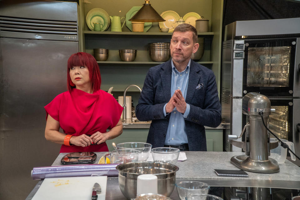 Cherish Finden and Benoit Blin are the hosts of Bake Off: The Professionals