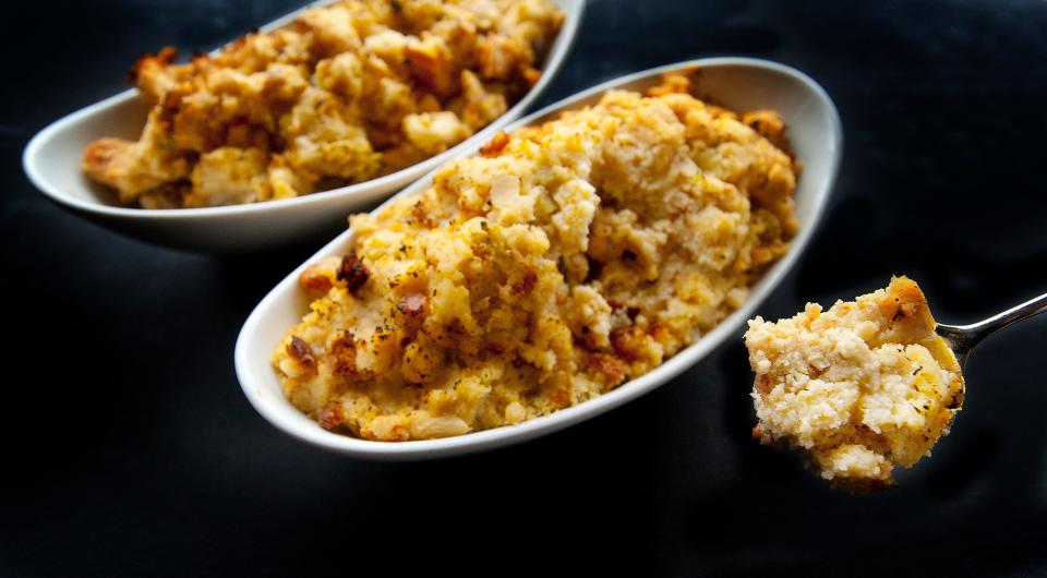 John Varanese's two stuffings: the sausage dressing on the left, and the cornbread dressing at right