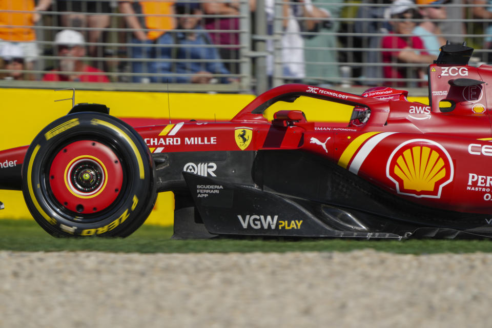 Ferrari driver Charles Leclerc of Monaco steers his car during the second practice session of the Australian Formula One Grand Prix at Albert Park, in Melbourne, Australia, Friday, March 22, 2024. (AP Photo/Asanka Brendon Ratnayake)