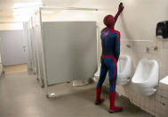 <p>Andrew Garfield taking a “comfort” break.</p>