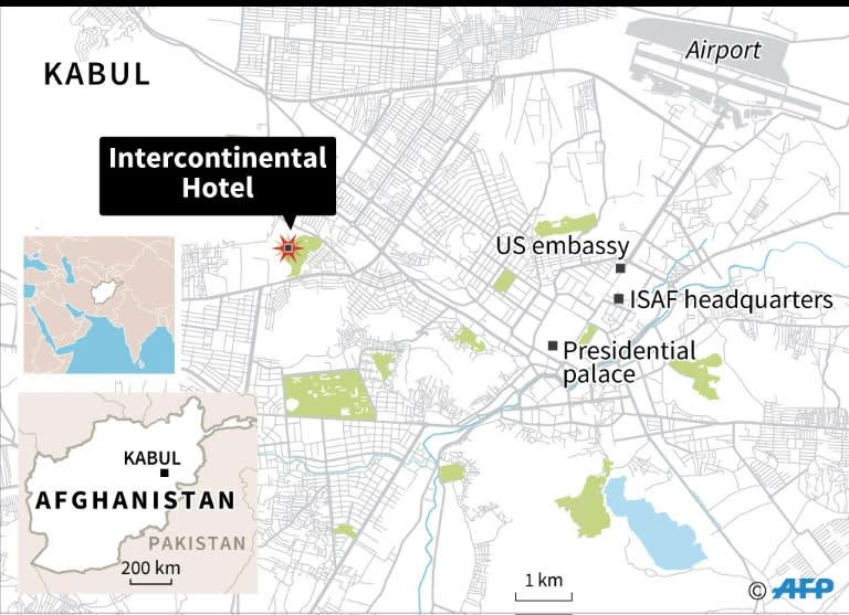 Map of Kabul locating Intercontinental Hotel