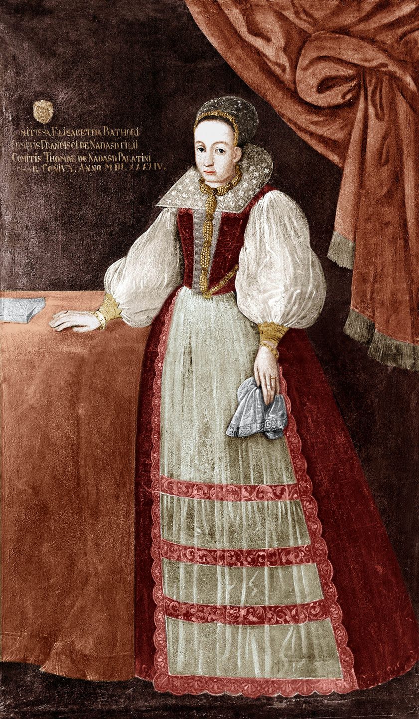 a painting depicting countess elizabeth bathory standing and holding a handkerchief