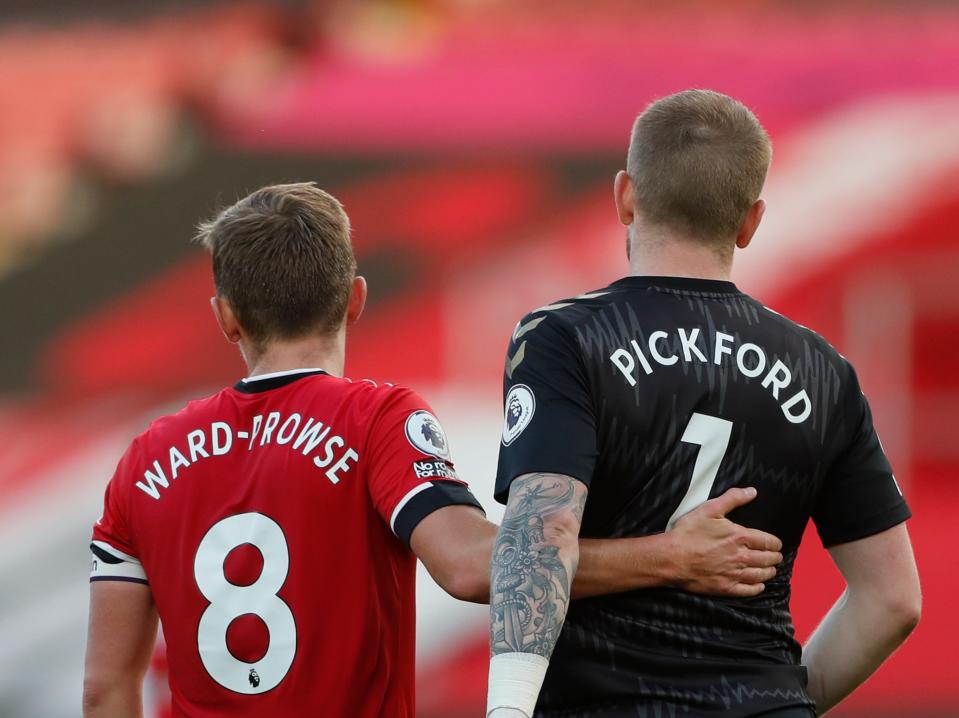 Southampton midfielder James Ward-Prowse with Everton goalkeeper Jordan Pickford (POOL/AFP via Getty Images)