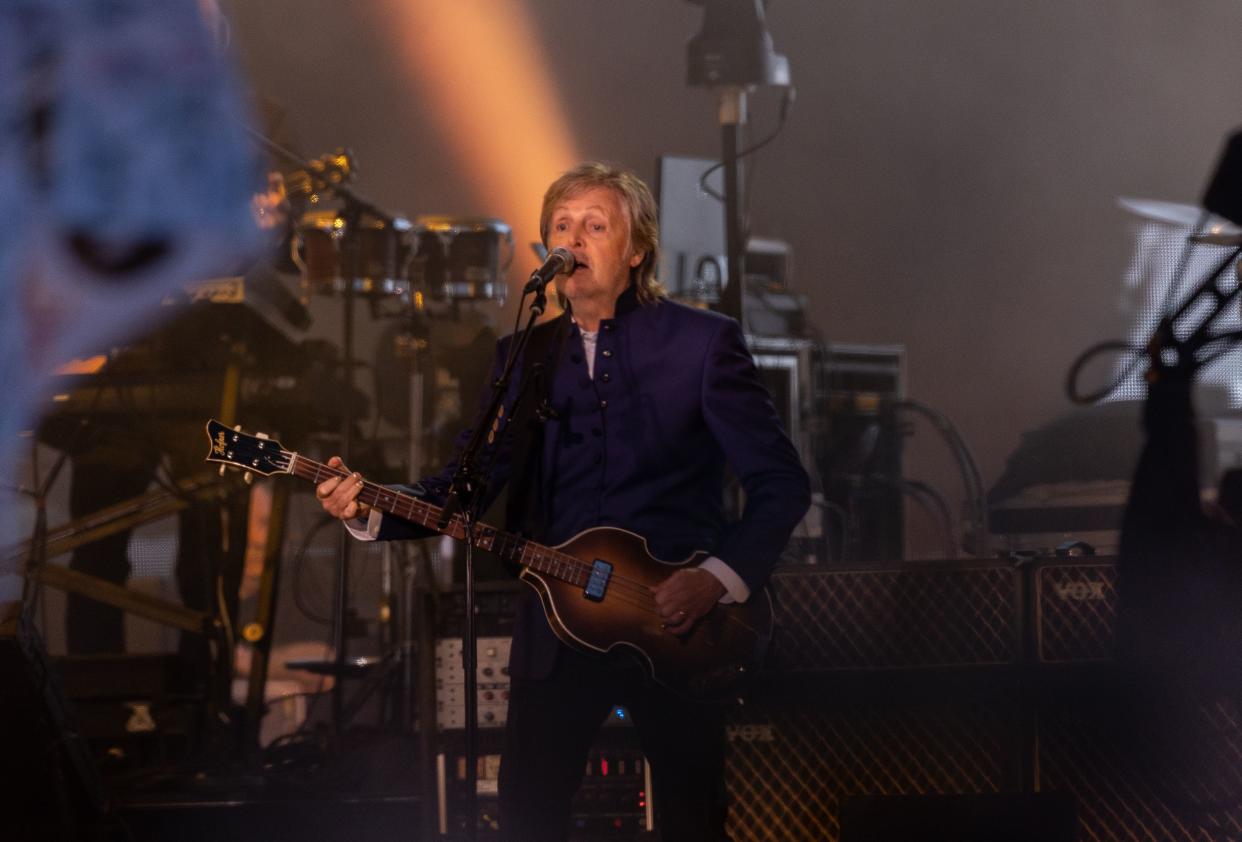 Paul McCartney performs on the Pyramid Stage during day four of Glastonbury Festival on Saturday.