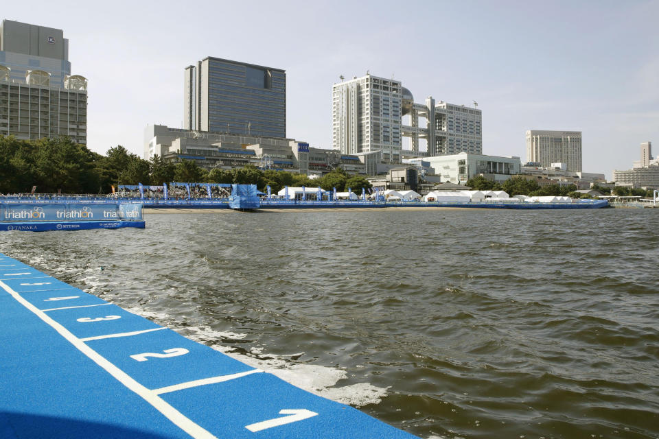 The venue for a paratriathlon test event for Tokyo 2020 is seen in Tokyo, Saturday, Aug. 17, 2019. High bacteria levels forced the swimming portion of a triathlon test event for the Tokyo Paralympics to be cancelled on Saturday.(Sadayuki Goto/Kyodo News via AP)