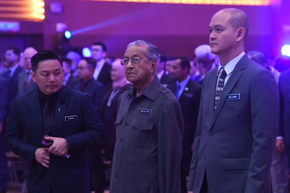 Prime Minister Tun Dr Mahathir Mohamad (centre) attends the launch of National Automotive Policy 2020 at Menara Miti, Kuala Lumpur February 21, 2020. — Bernama pic