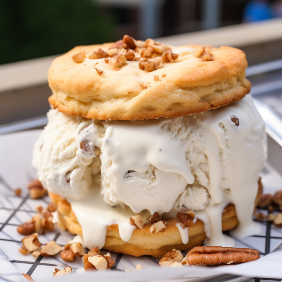 Butter pecan–flavored ice cream with swirls of savory white gravy, served on a warm vanilla biscuit and topped with chunks of fried sausage and pecans.Would you eat this or nah? Vote here.