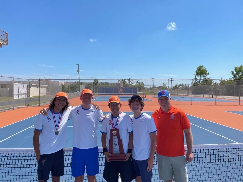 Cape Coral's Boys Tennis team after capturing the Class 3A-District 11 championship on Friday, April 14