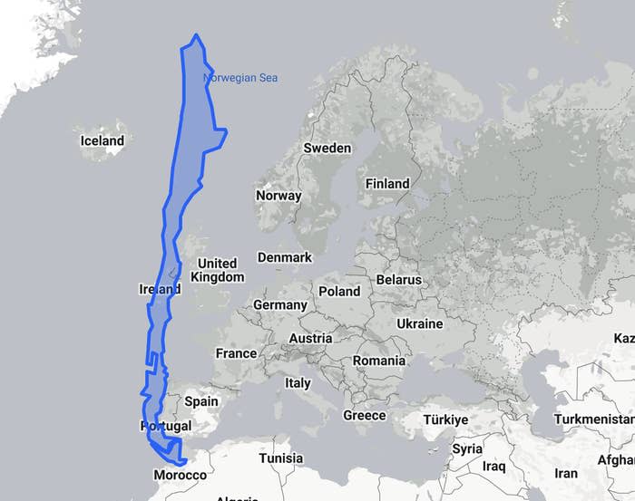 The outline of Chile superimposed over a map of Europe as a long, thin line from Sweden to the top of North Africa