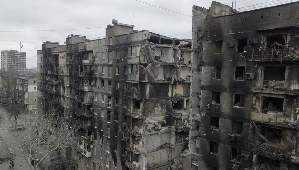 A residential building destroyed in the course of the conflict in the southern port city of Mariupol (Reuters)