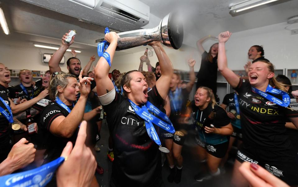 Marlie Packer of Saracens celebrates winning this year's Premier 15s final - GETTY IMAGES